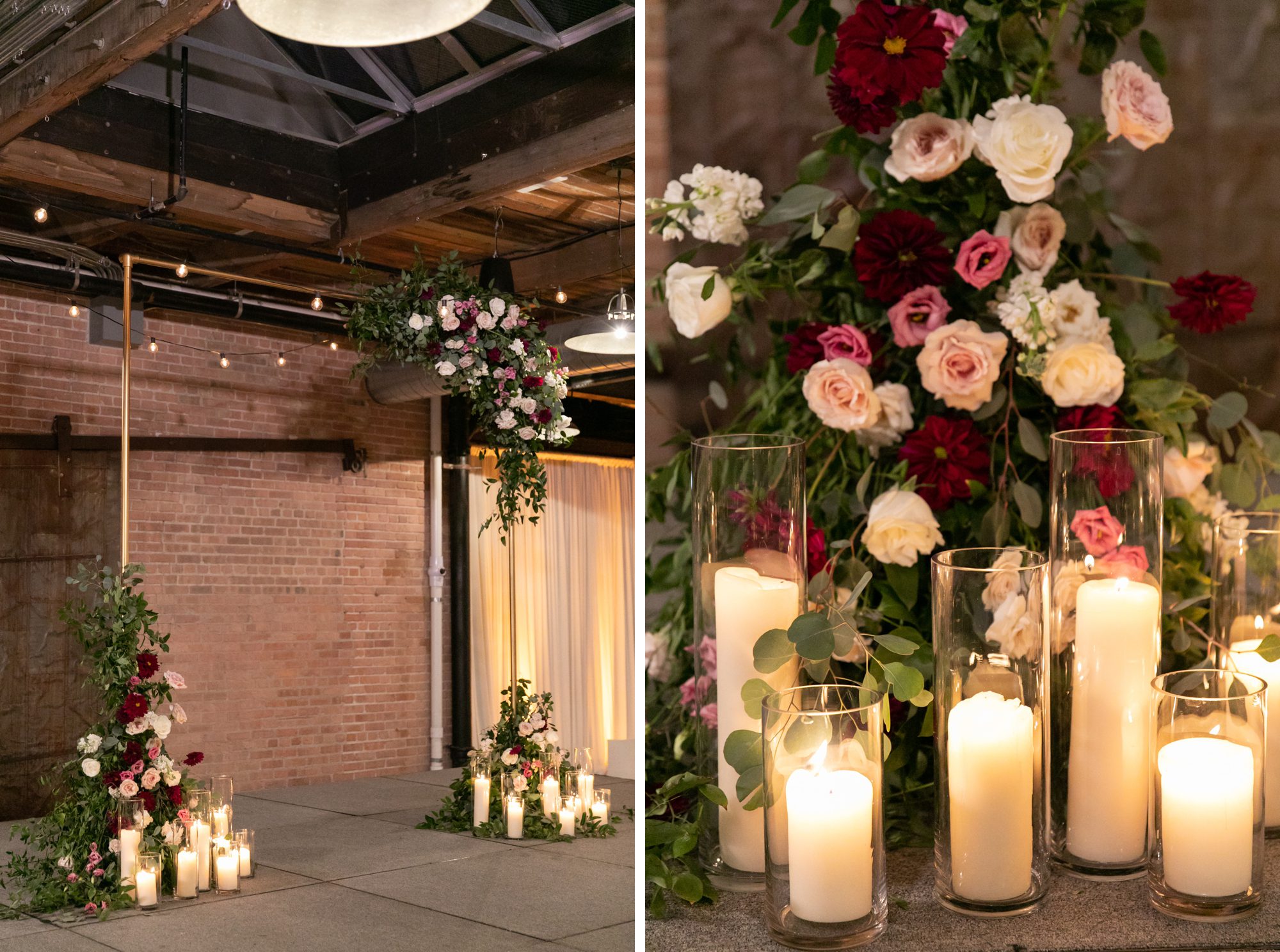 there was a contemporary floral arch at the Morgan Manufacturing wedding