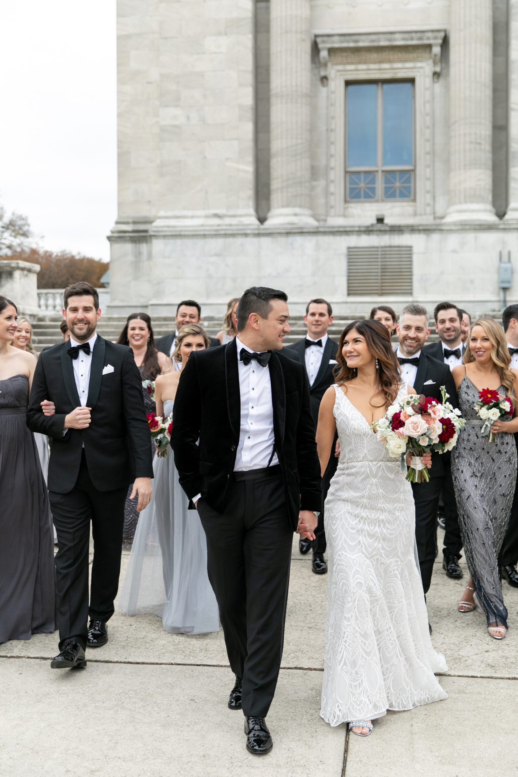 the bridal party posed for downtown Chicago wedding photos