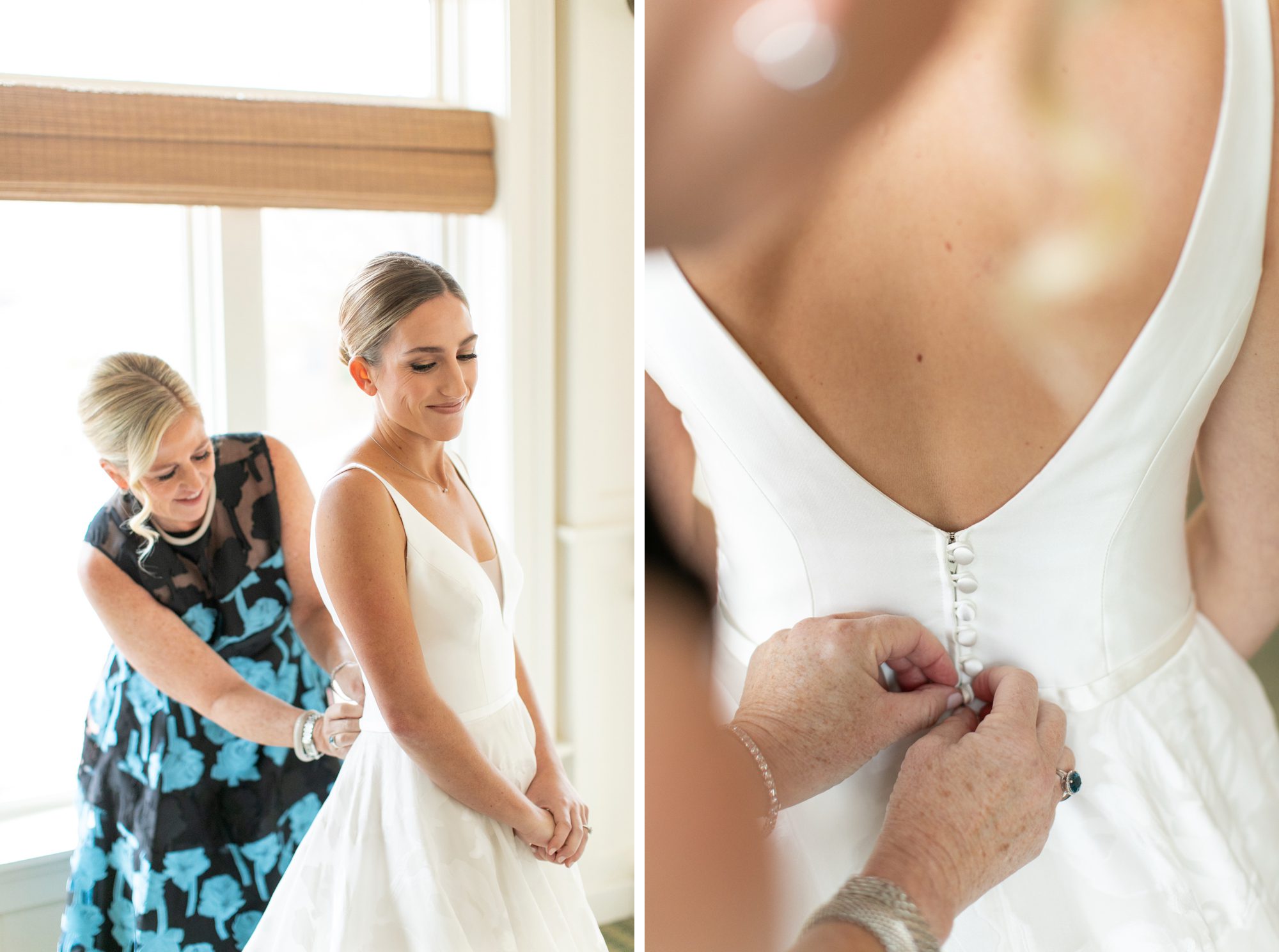 the bride got into her wedding dress with the help of her mom