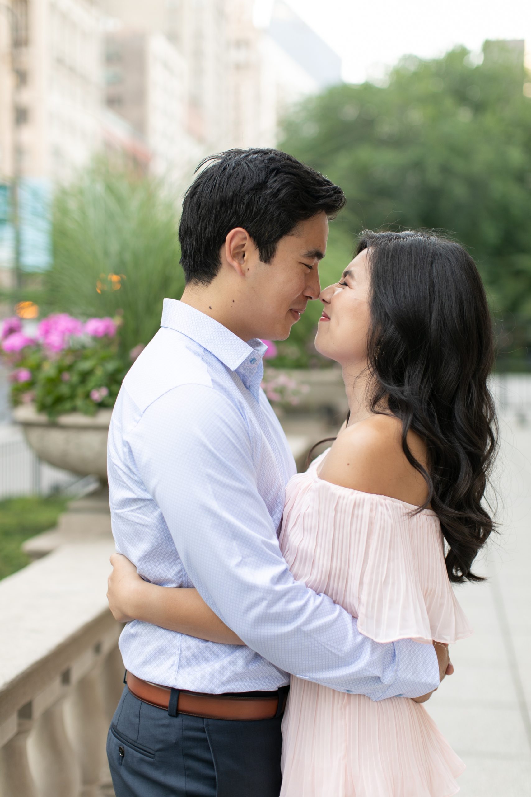 the couple hugged during their downtown Chicago engagement photos