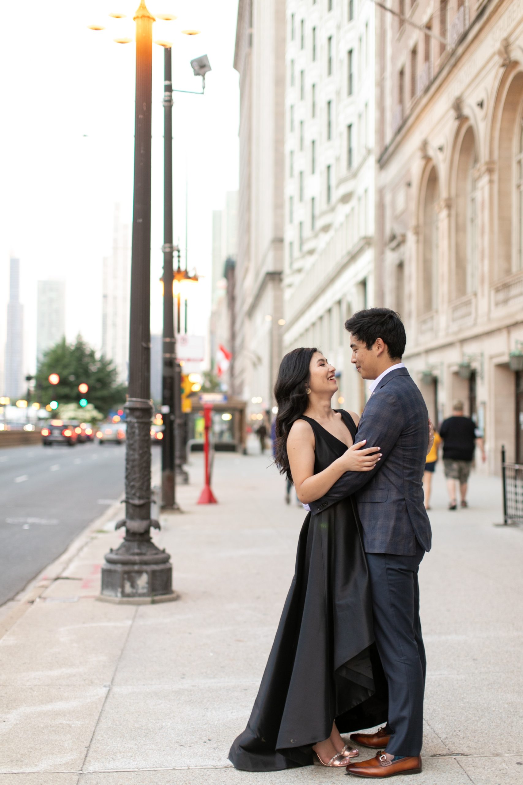 The couple laughed during their downtown Chicago engagement photo shoot