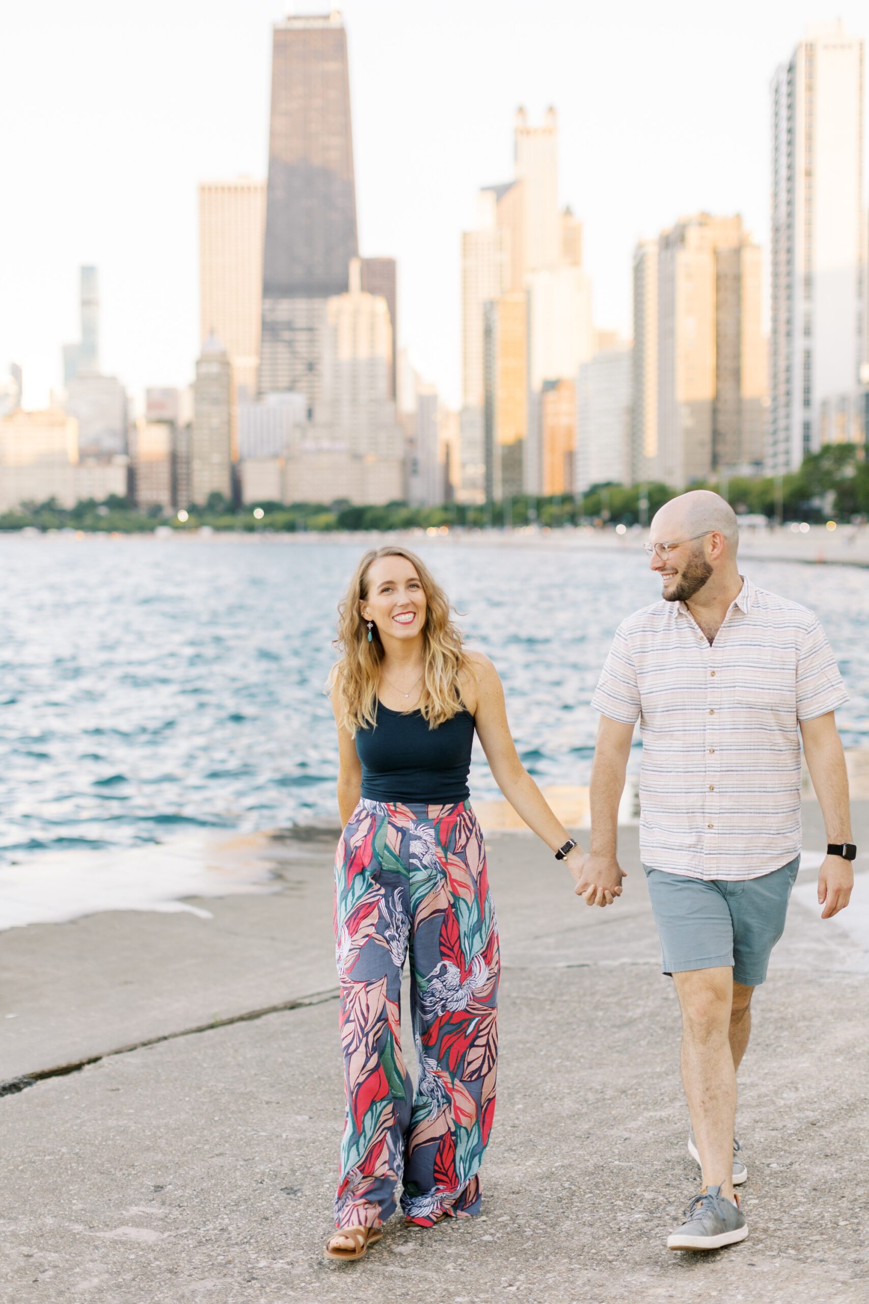 The couple posed for Chicago skyline engagement photos