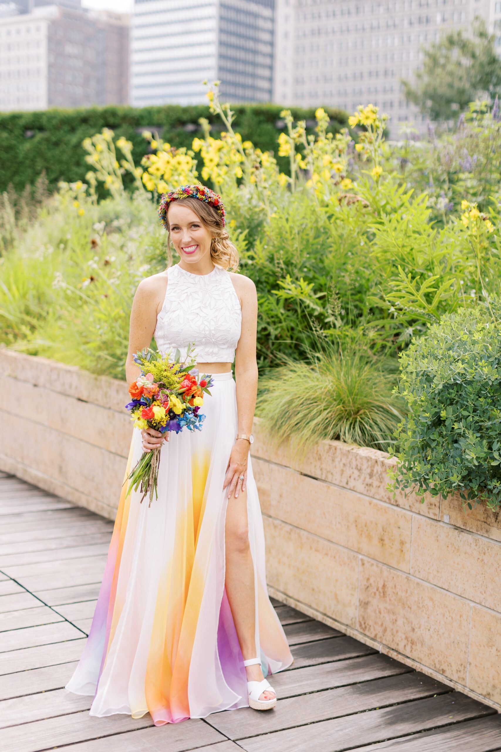 The bride wore a colorful wedding skirt that fit the colorful wedding palette