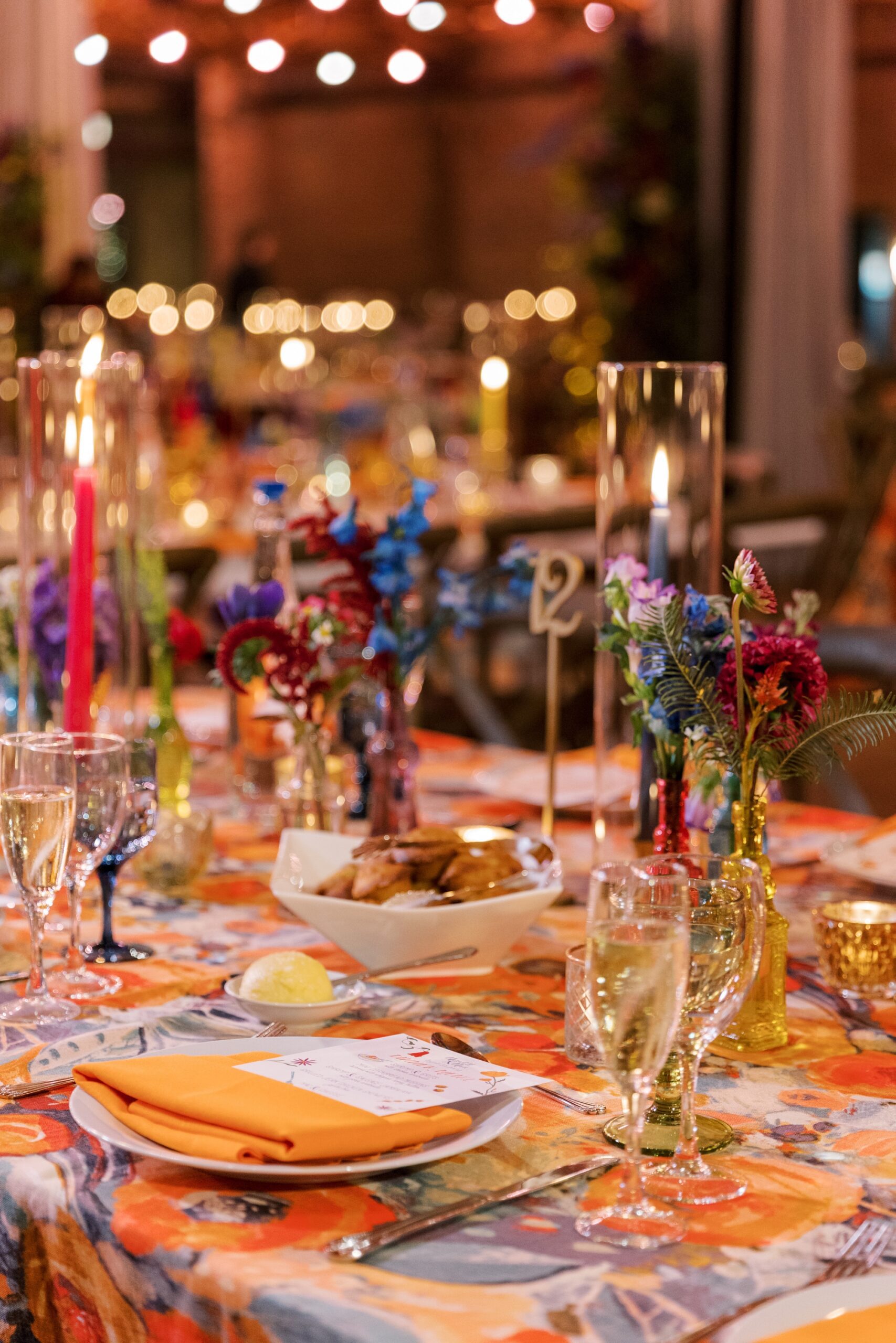 The colorful wedding table settings fit the colorful wedding palette