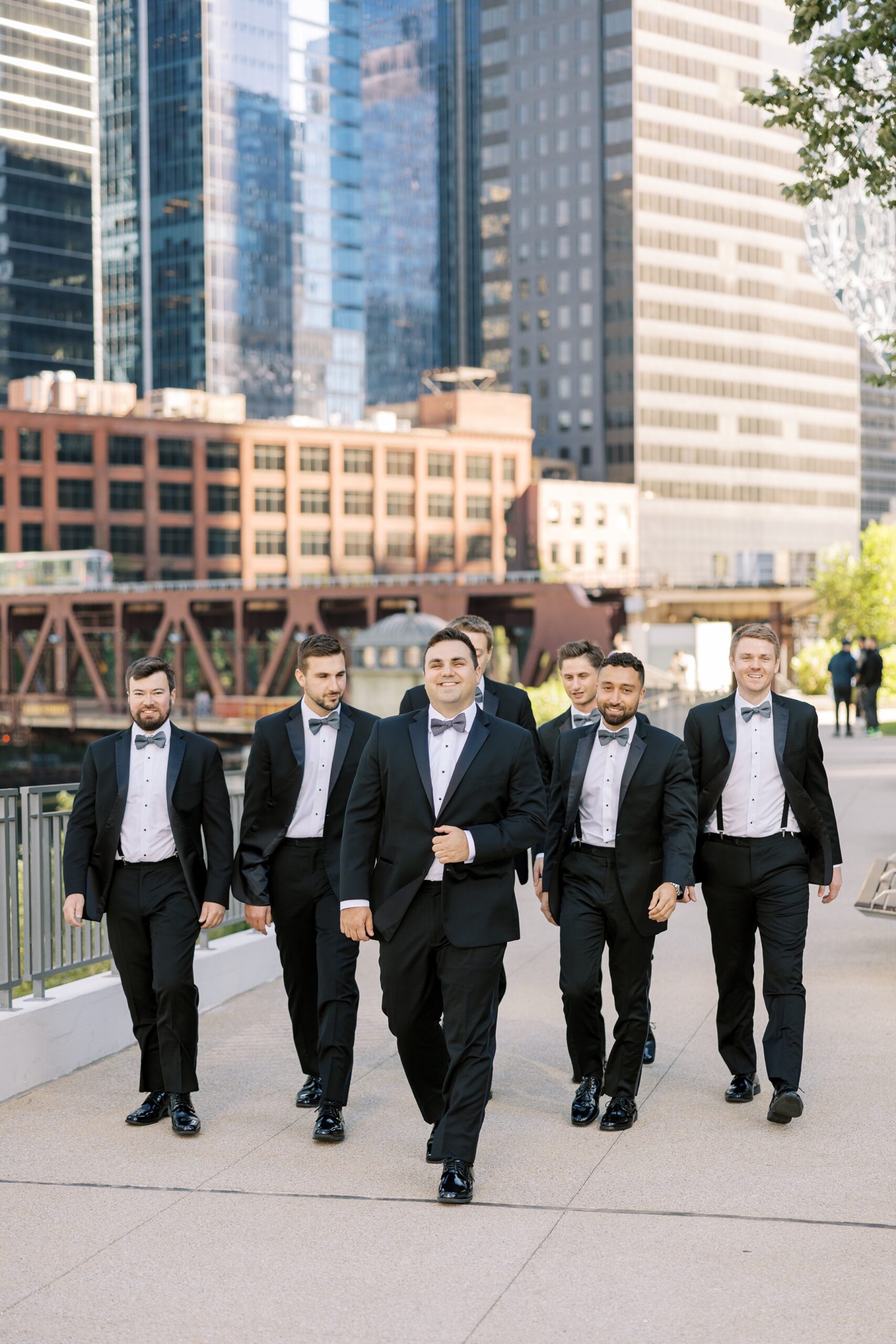 Groom and groomsmen in downtown Chicago