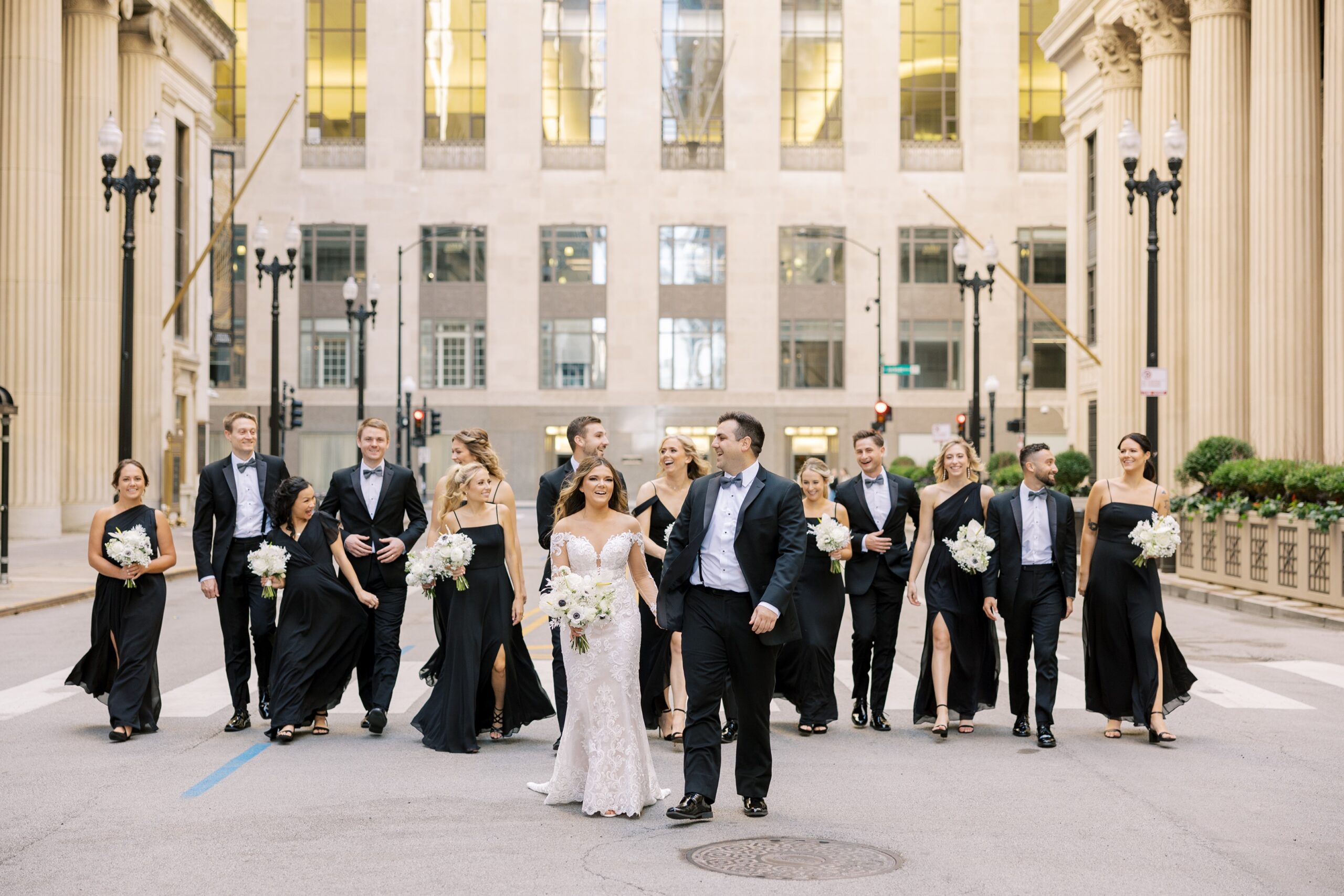 Couple and their wedding party in downtown Chicago