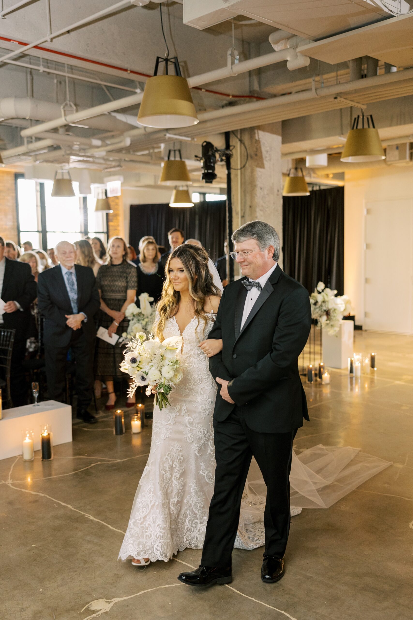 Father of the bride walks bride down aisle at Old Post Office wedding