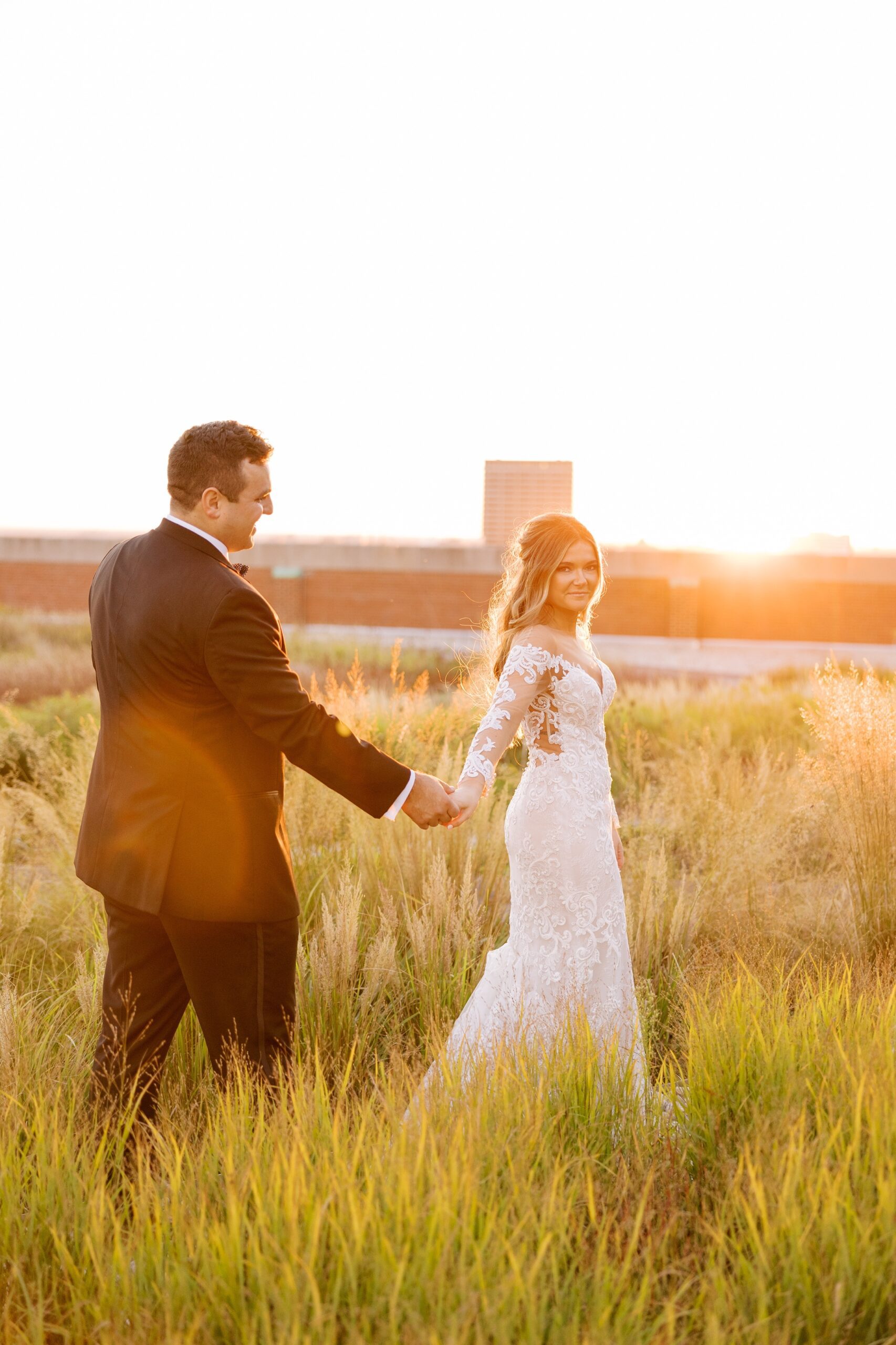Bride and groom at sunset in Chicago