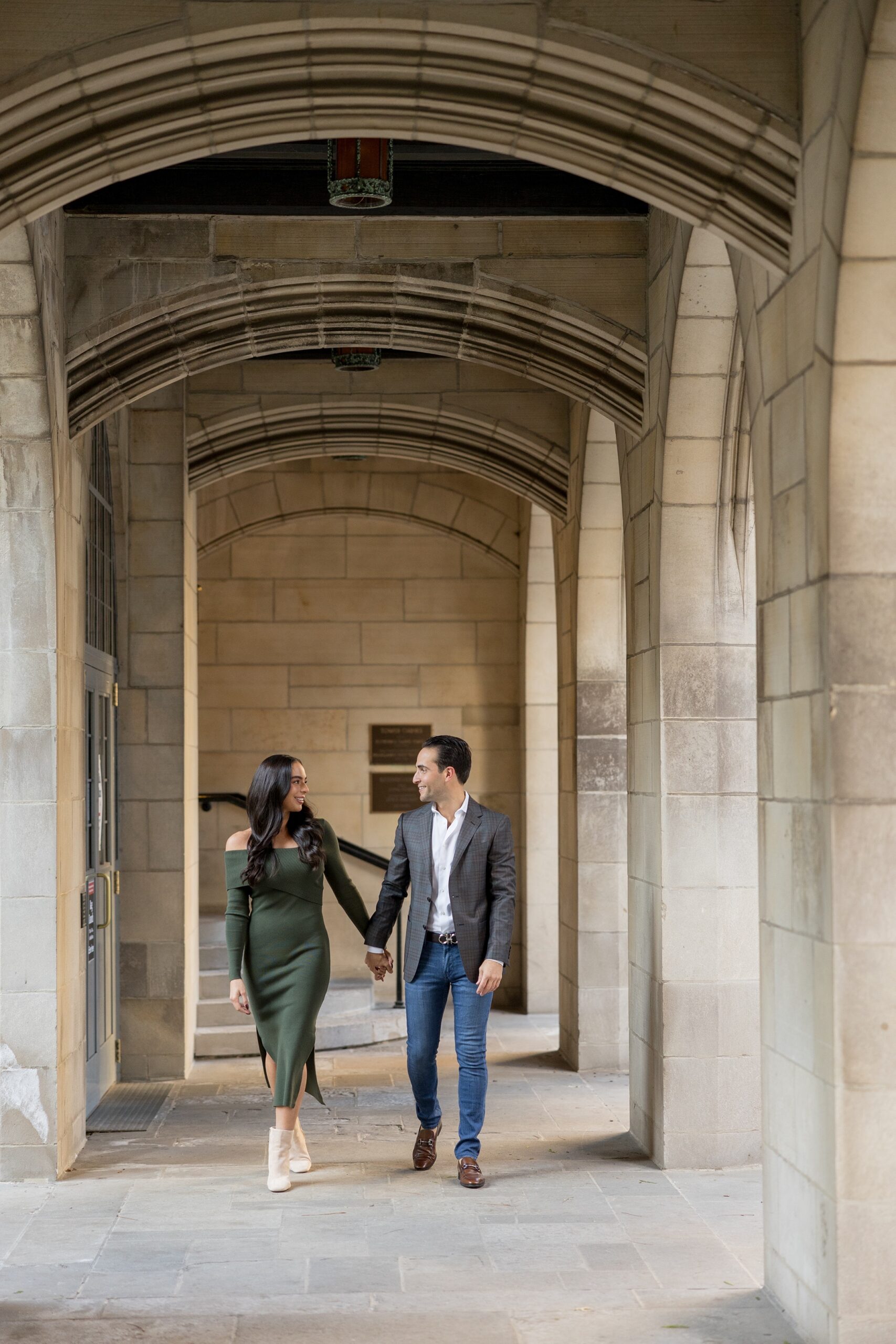 Man and woman pose for Fourth Presbyterian Church engagement photos