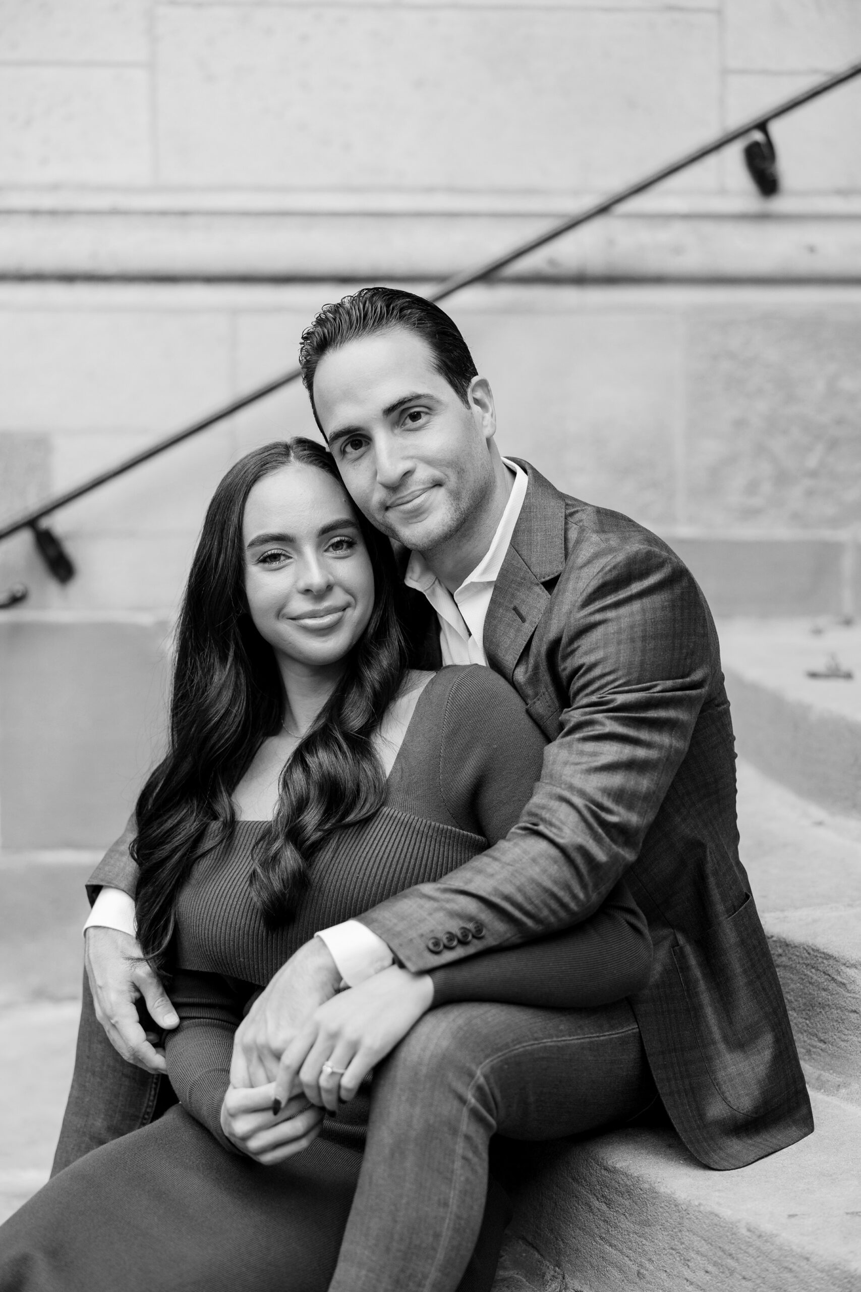 Black and white photo of man and woman during Chicago engagement pictures