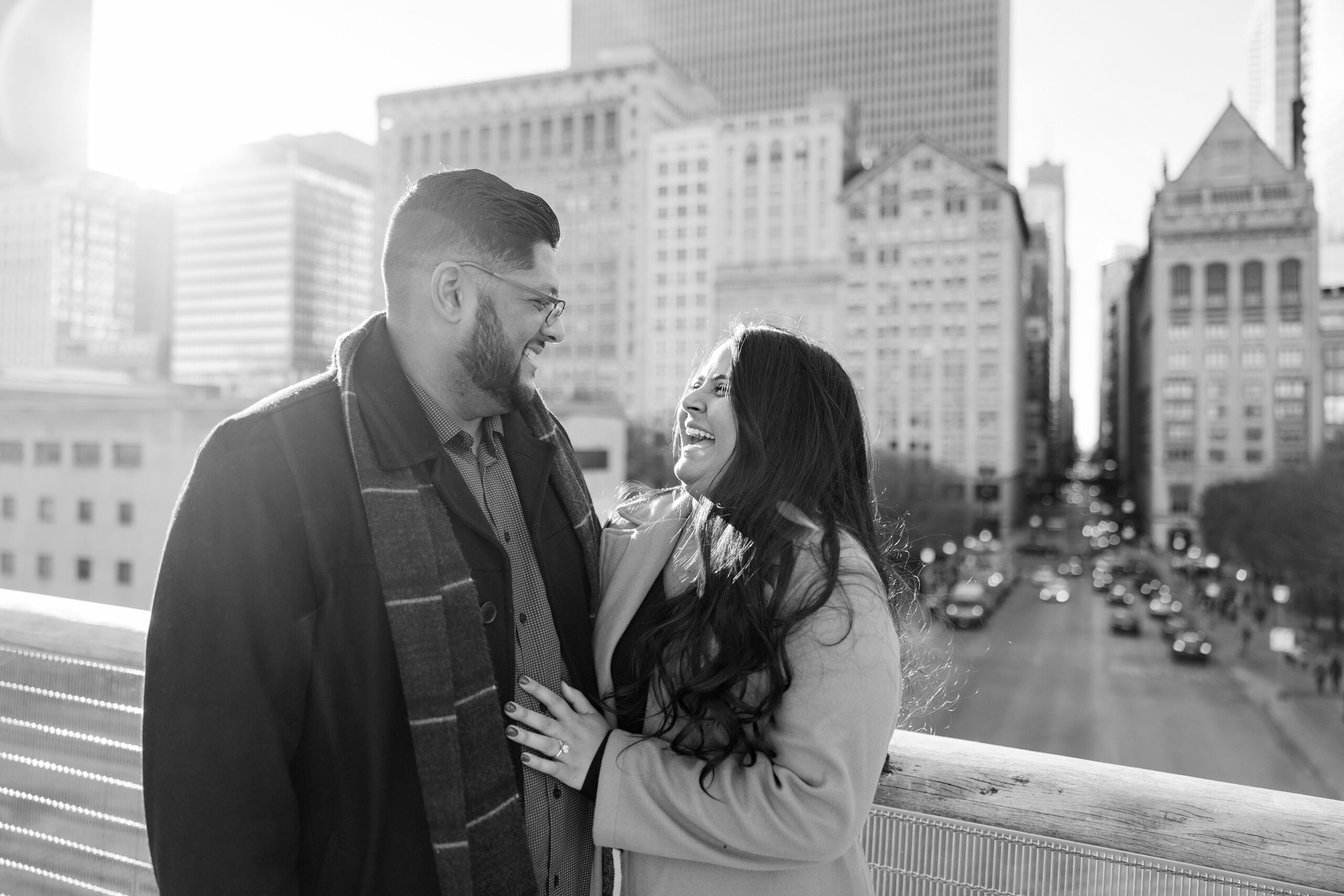 Man and woman smile at each other in Chicago
