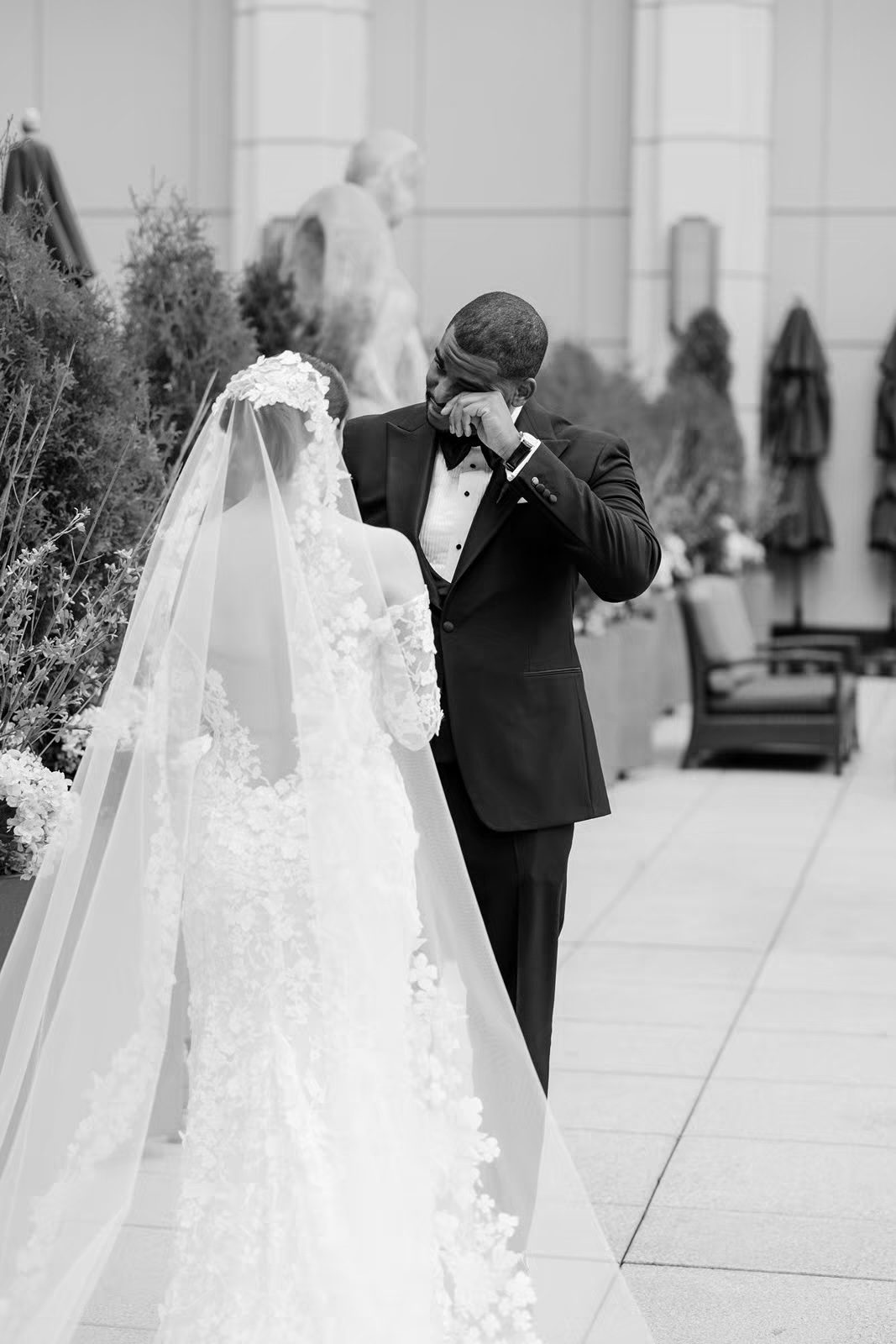 Bride and groom have their first look at the Peninsula Chicago wedding