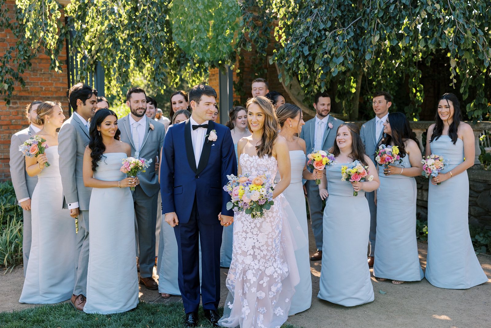 Wedding party explores during the Chicago Botanic Garden wedding photos