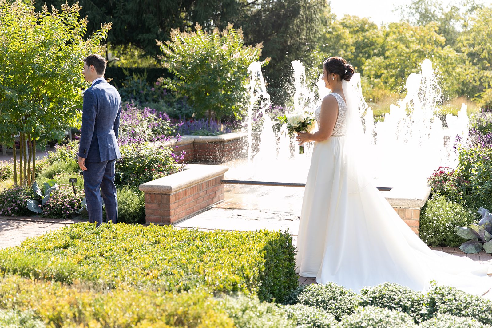Couple first look at Chicago Botanic Garden wedding