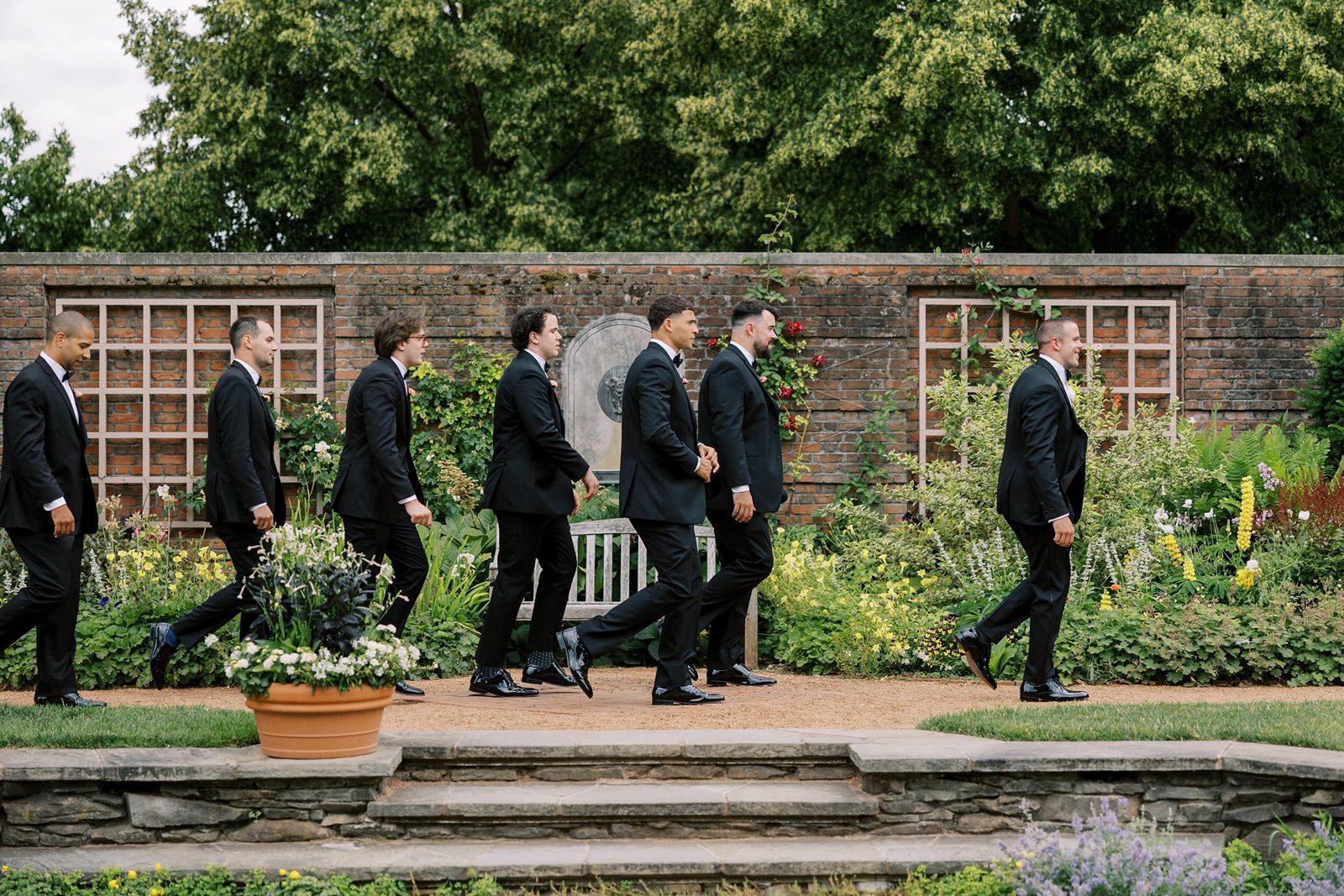 Groom and groomsmen walk in the English Walled Garden at Chicago Botanic Garden