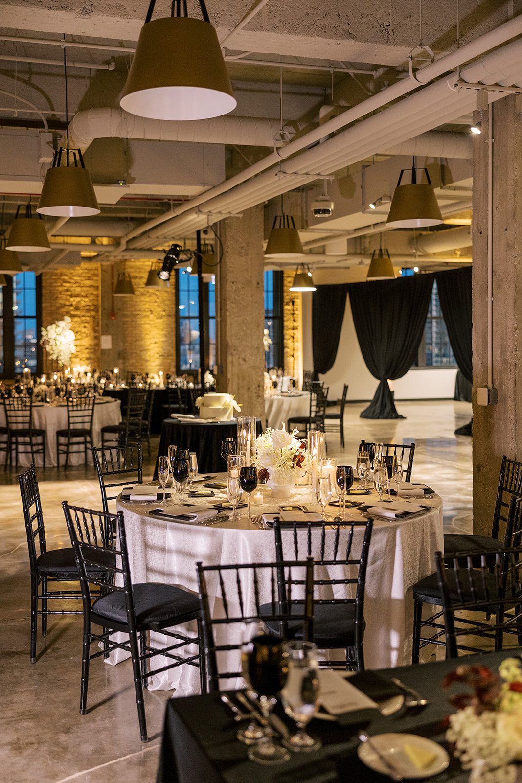 Black and white wedding reception decor at the Old Post Office wedding reception