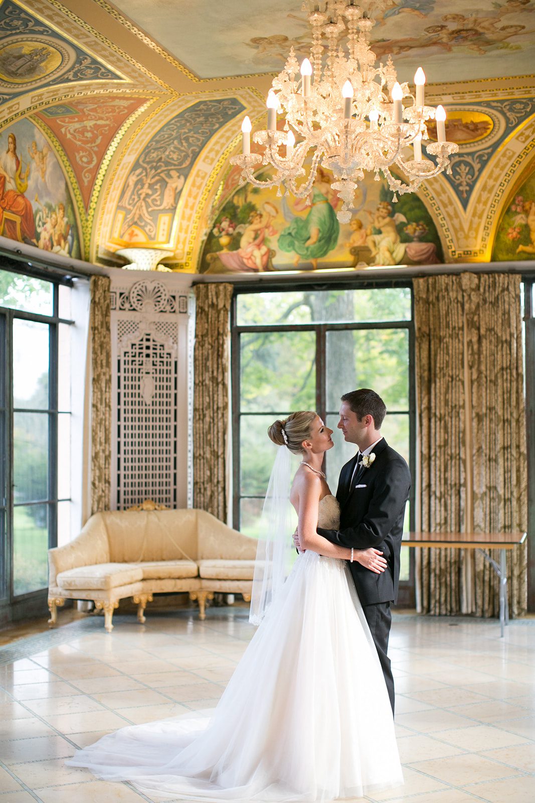 Bride and groom inside the Cuneo Mansion